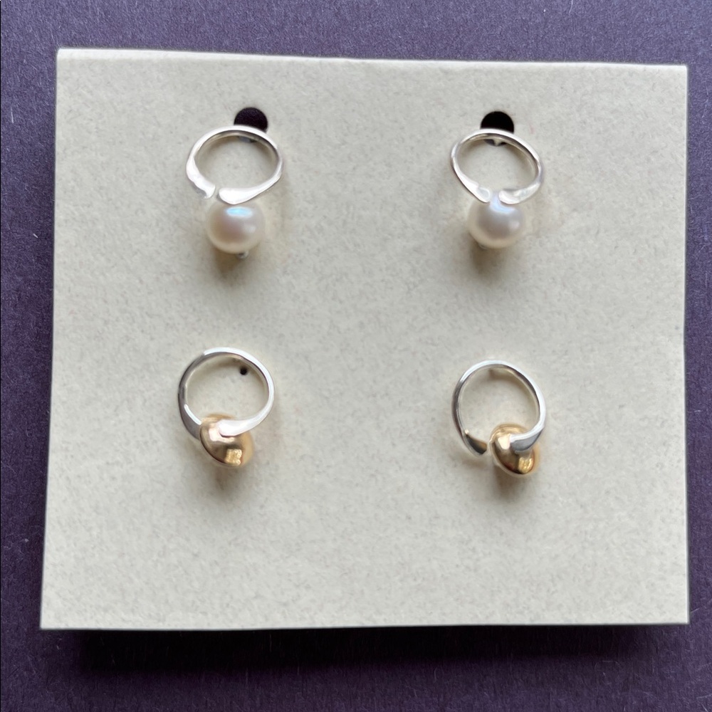 Set of Two Sterling Silver Gold and Pearl Post Earrings - Picture 7 of 7